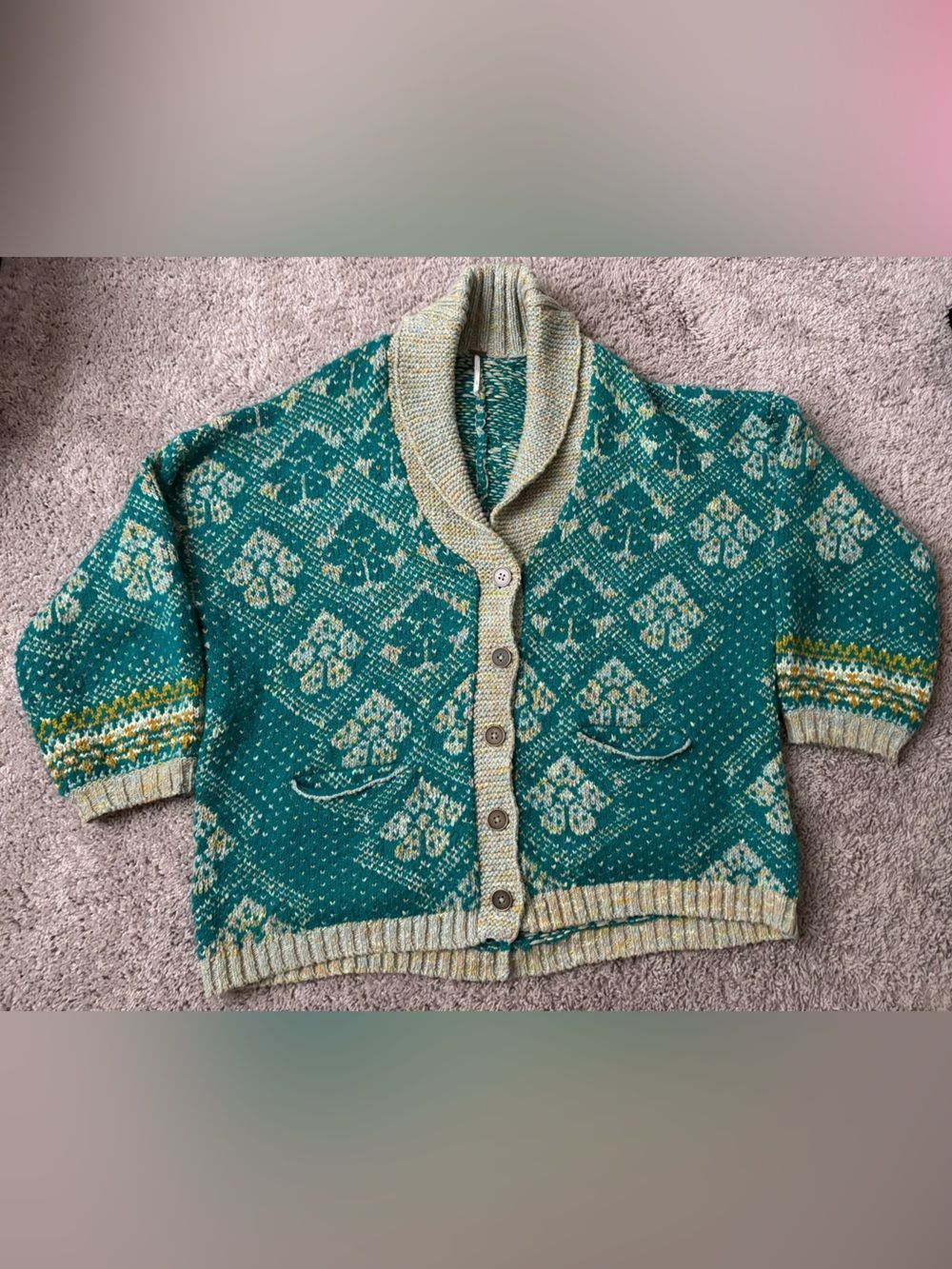 Free People Teal Patterned Oversized Shawl Collar Cardigan Sweater